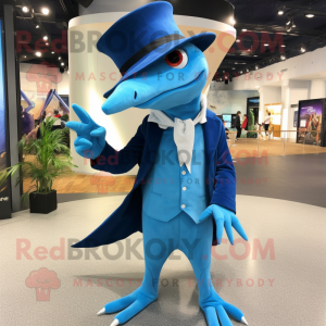 Blue Pterodactyl mascot costume character dressed with a Suit Pants and Beanies