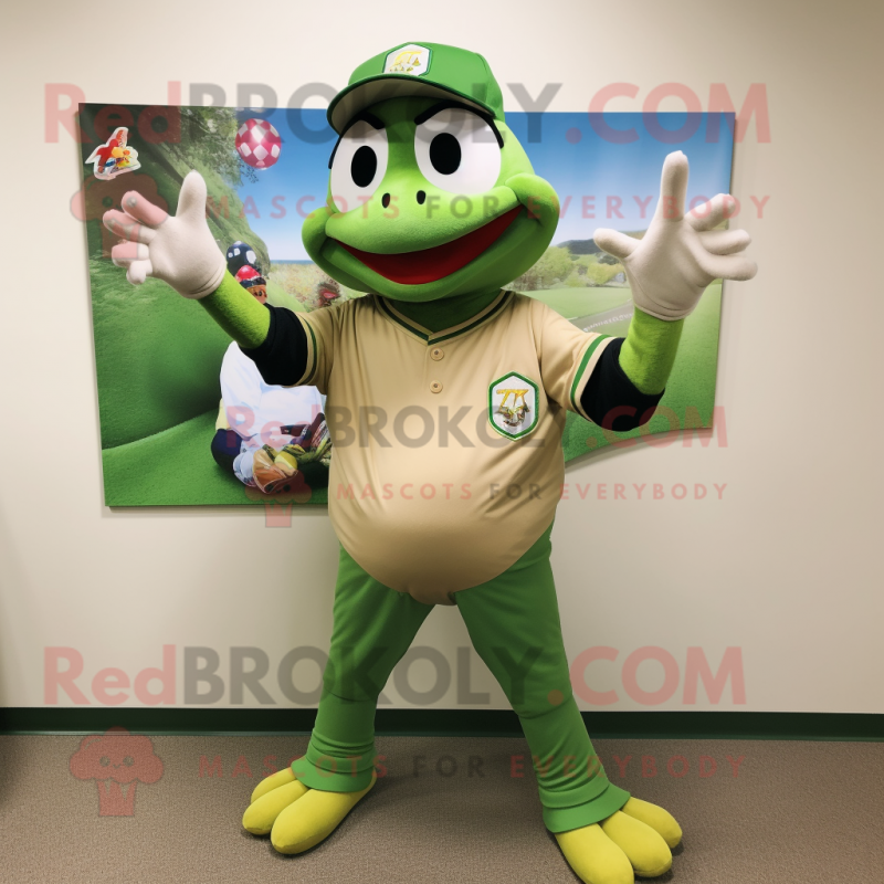 Olive Frog mascot costume character dressed with a Baseball Tee and Earrings Olive Frog mascot costume character dressed with a Baseball Tee and Earrings
