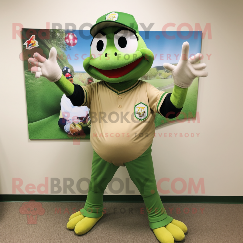 Olive Frog mascot costume character dressed with a Baseball Tee and Earrings