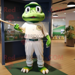 Olive Frog mascot costume character dressed with a Baseball Tee and Earrings