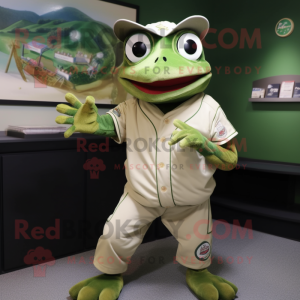 Olive Frog mascot costume character dressed with a Baseball Tee and Earrings