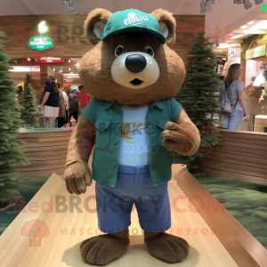 Forest Green Beaver mascot costume character dressed with a Denim Shorts and Headbands