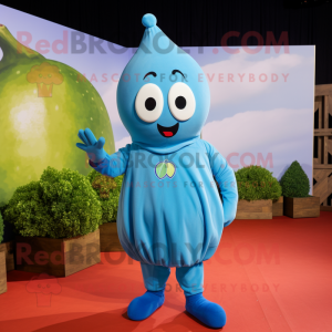 Blue Pear mascot costume character dressed with a Jumpsuit and Headbands