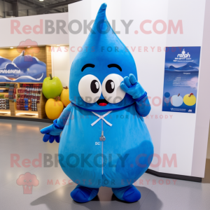 Blue Pear mascot costume character dressed with a Jumpsuit and Headbands