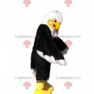 Mascote de águia preta, branca e amarela, fantasia de abutre -