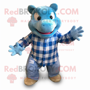 Blue Ankylosaurus mascot costume character dressed with a Flannel Shirt and Foot pads