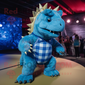Blue Ankylosaurus mascot costume character dressed with a Flannel Shirt and Foot pads