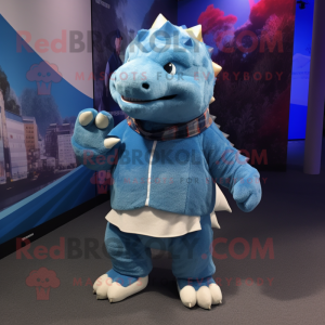 Blue Ankylosaurus mascot costume character dressed with a Flannel Shirt and Foot pads