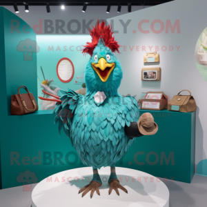 Turquoise Rooster mascot costume character dressed with a Pleated Skirt and Coin purses