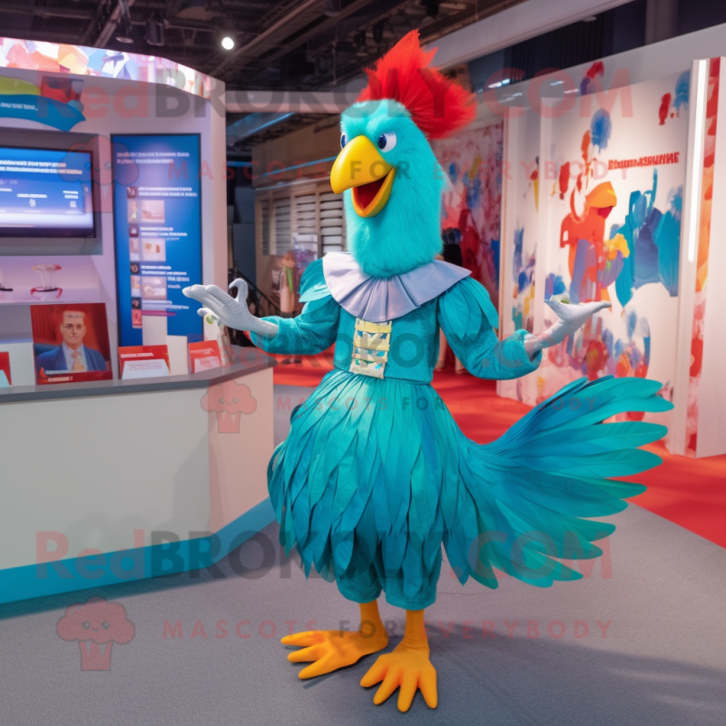 Turquoise Rooster mascot costume character dressed with a Pleated Skirt and Coin purses