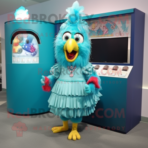 Turquoise Rooster mascot costume character dressed with a Pleated Skirt and Coin purses