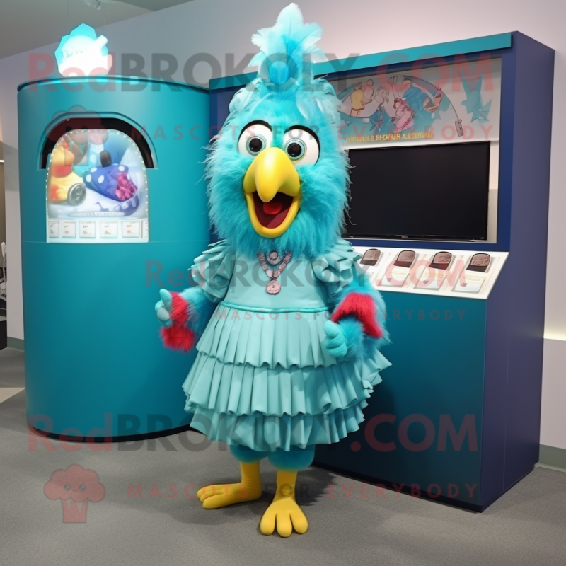 Turquoise Rooster mascot costume character dressed with a Pleated Skirt and Coin purses Turquoise Rooster mascot costume character dressed with a Pleated Skirt and Coin purses