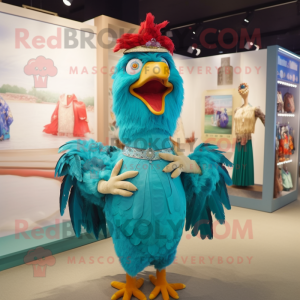 Turquoise Rooster mascot costume character dressed with a Pleated Skirt and Coin purses