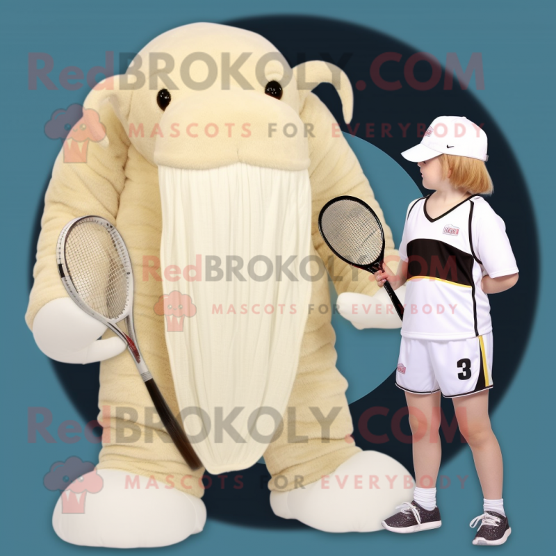 Cream Mammoth mascot costume character dressed with a One-Piece Swimsuit and Caps Cream Mammoth mascot costume character dressed with a One-Piece Swimsuit and Caps
