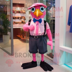 Pink Blackbird mascot costume character dressed with a Bermuda Shorts and Bow ties