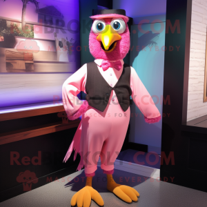 Pink Blackbird mascot costume character dressed with a Bermuda Shorts and Bow ties