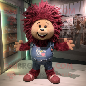 Maroon Porcupine mascot costume character dressed with a Jeans and Headbands