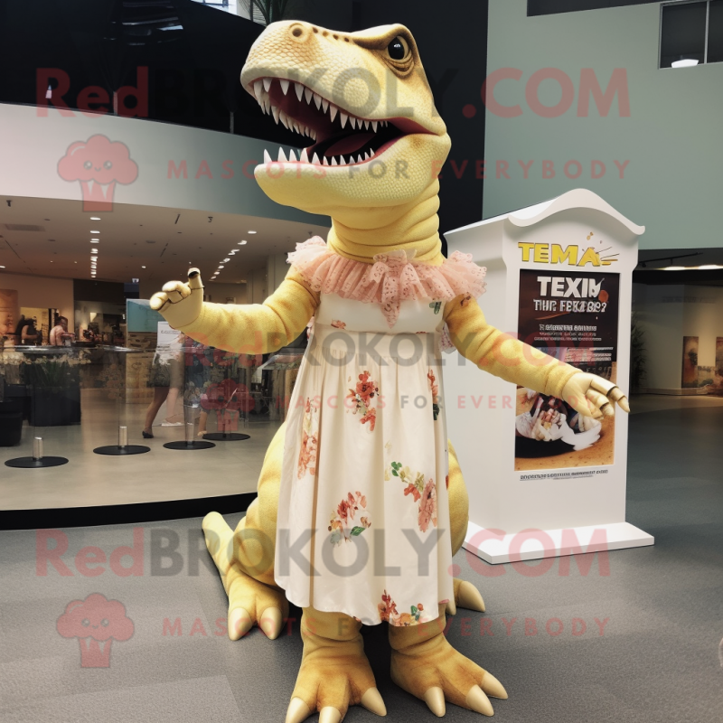 Cream T Rex mascot costume character dressed with a Maxi Dress and Hair clips Cream T Rex mascot costume character dressed with a Maxi Dress and Hair clips