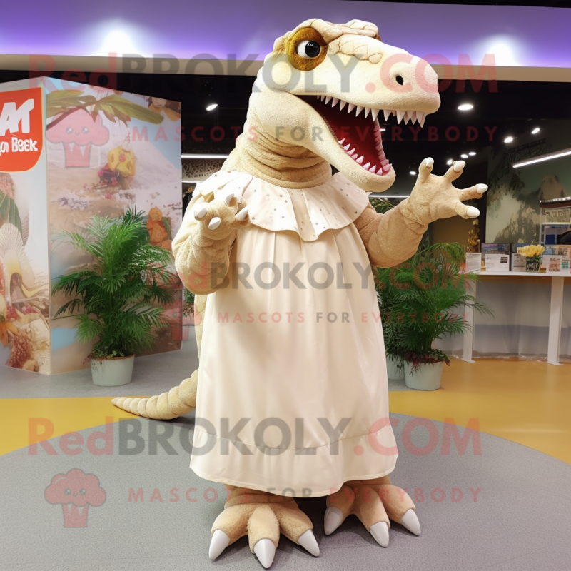 Cream T Rex mascot costume character dressed with a Maxi Dress and Hair clips