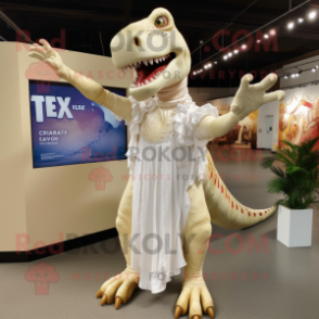 Cream T Rex mascot costume character dressed with a Maxi Dress and Hair clips