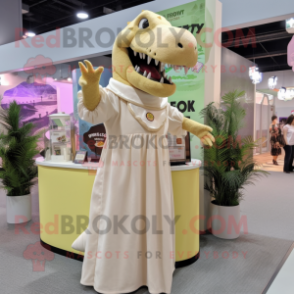 Cream T Rex mascot costume character dressed with a Maxi Dress and Hair clips