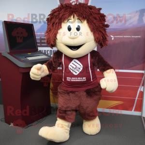 Maroon Shepard'S Pie mascot costume character dressed with a Running Shorts and Mittens