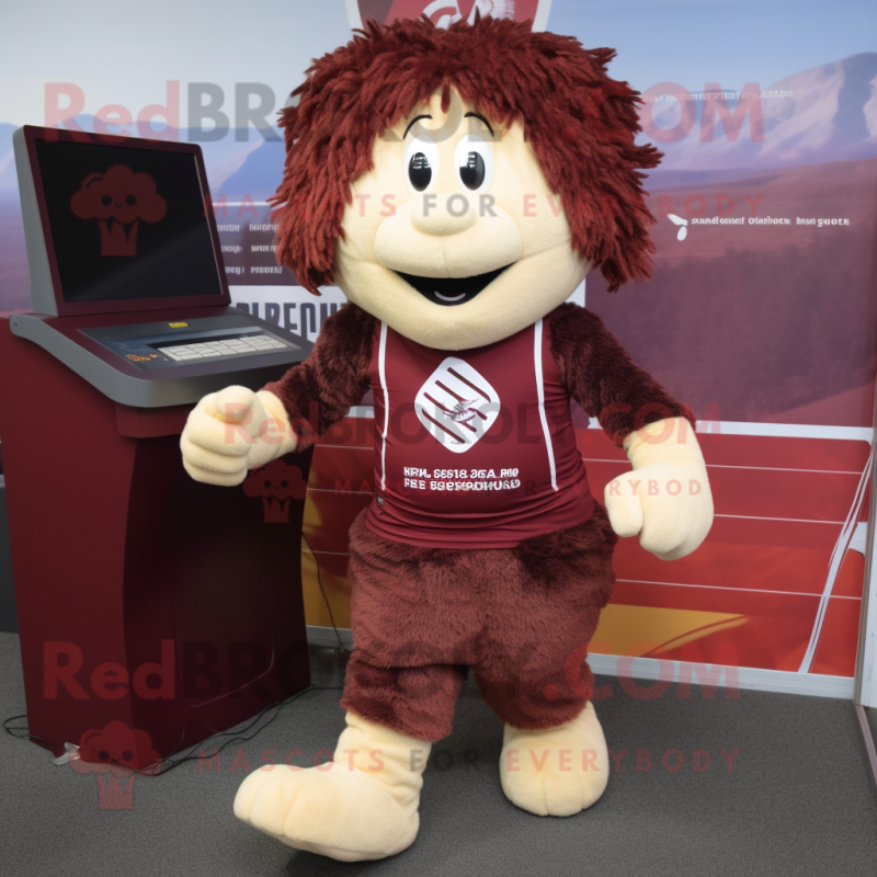Maroon Shepard'S Pie mascot costume character dressed with a Running Shorts and Mittens Maroon Shepard'S Pie mascot costume character dressed with a Running Shorts and Mittens