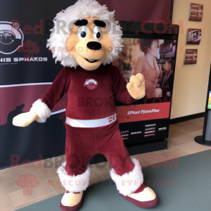 Maroon Shepard'S Pie mascot costume character dressed with a Running Shorts and Mittens