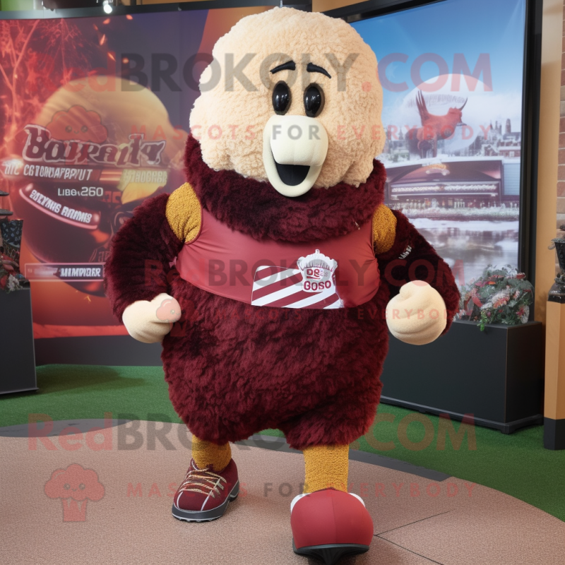 Maroon Shepard'S Pie mascot costume character dressed with a Running Shorts and Mittens Maroon Shepard'S Pie mascot costume character dressed with a Running Shorts and Mittens
