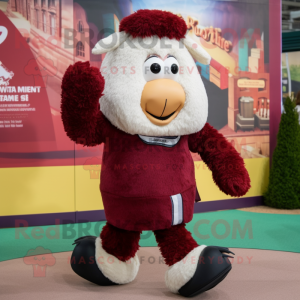 Maroon Shepard'S Pie mascot costume character dressed with a Running Shorts and Mittens