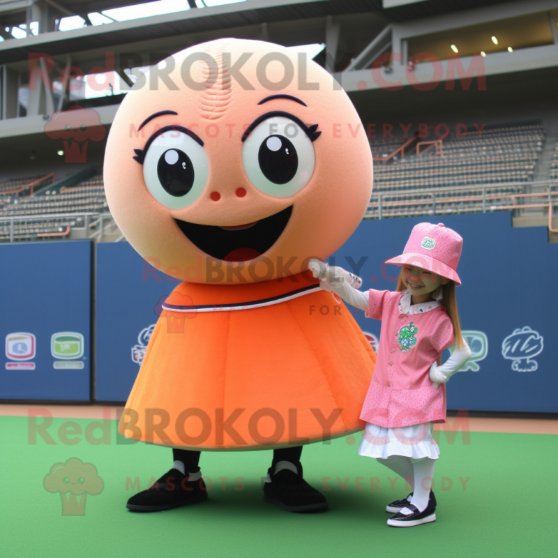 Peach Baseball Ball mascot costume character dressed with a Mini Skirt and Rings Peach Baseball Ball mascot costume character dressed with a Mini Skirt and Rings