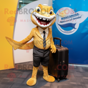 Gold Barracuda mascot costume character dressed with a Oxford Shirt and Briefcases