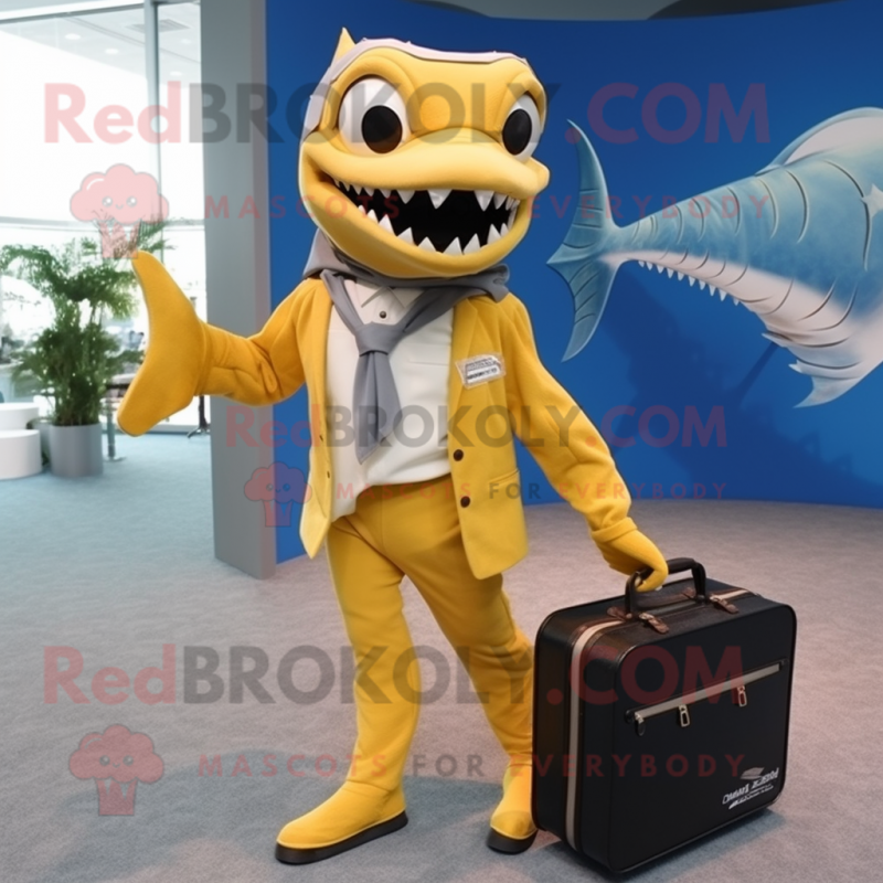 Gold Barracuda mascot costume character dressed with a Oxford Shirt and Briefcases