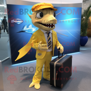 Gold Barracuda mascot costume character dressed with a Oxford Shirt and Briefcases