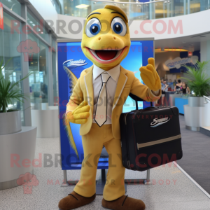 Gold Barracuda mascot costume character dressed with a Oxford Shirt and Briefcases