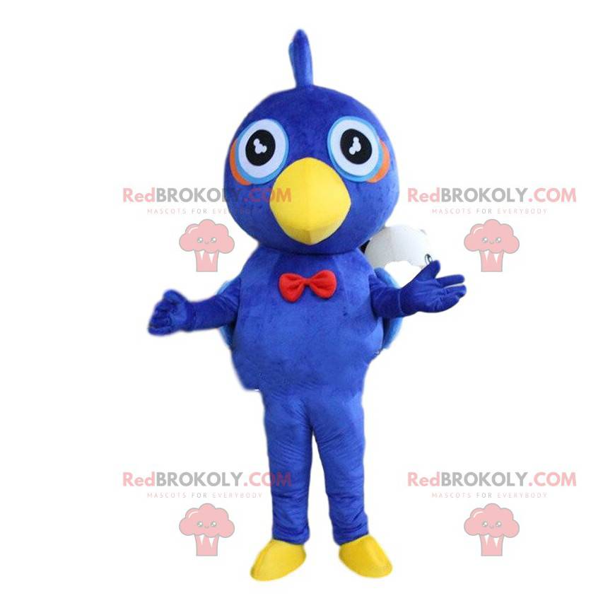 Mascotte d'oiseau bleu et jaune, costume d'oisillon en peluche