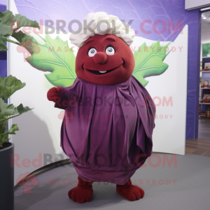 Maroon Cabbage mascot costume character dressed with a Henley Shirt and Shawl pins