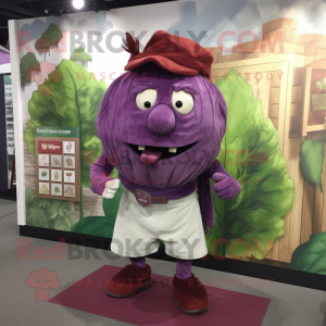 Maroon Cabbage mascot costume character dressed with a Henley Shirt and Shawl pins