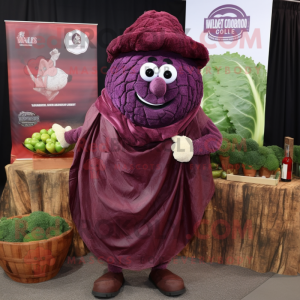 Maroon Cabbage mascot costume character dressed with a Henley Shirt and Shawl pins