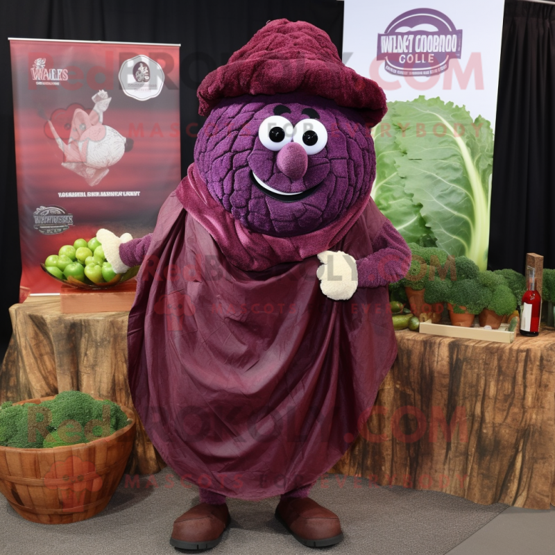 Maroon Cabbage mascot costume character dressed with a Henley Shirt and Shawl pins Maroon Cabbage mascot costume character dressed with a Henley Shirt and Shawl pins