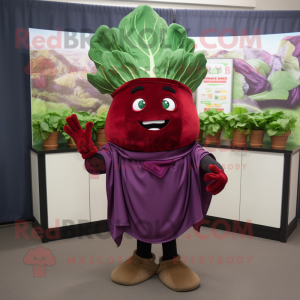 Maroon Cabbage mascot costume character dressed with a Henley Shirt and Shawl pins
