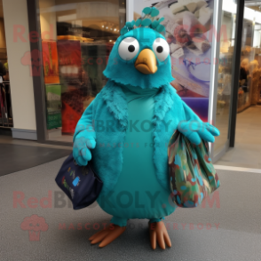 Turquoise Quail mascot costume character dressed with a Cover-up and Handbags