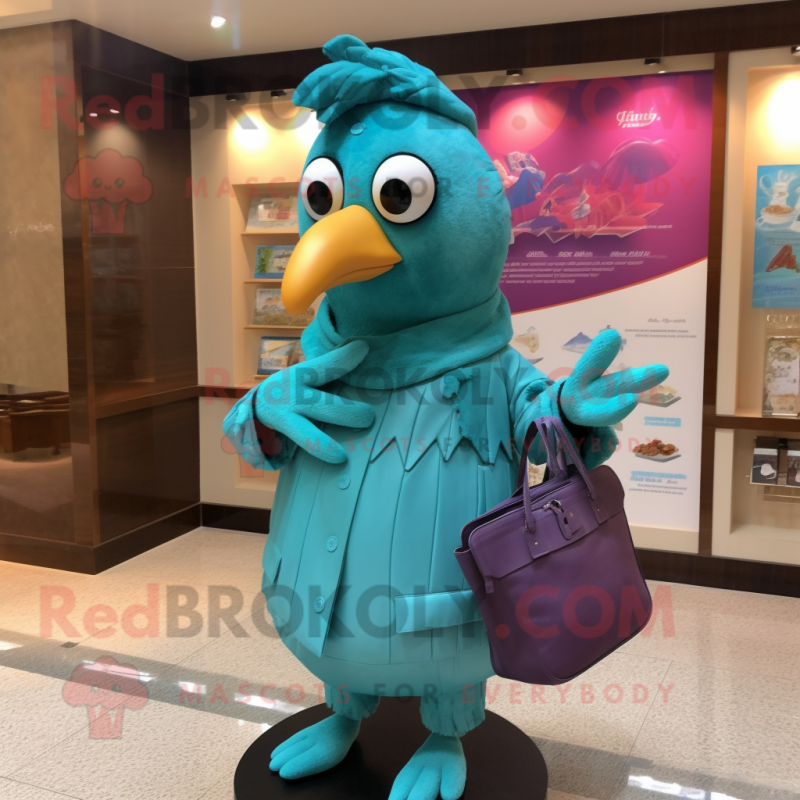 Turquoise Quail mascot costume character dressed with a Cover-up and Handbags