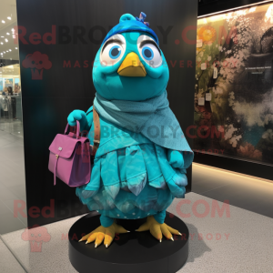 Turquoise Quail mascot costume character dressed with a Cover-up and Handbags
