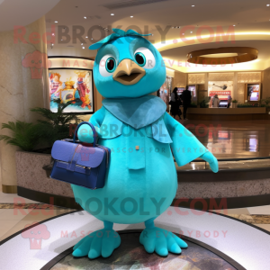 Turquoise Quail mascot costume character dressed with a Cover-up and Handbags