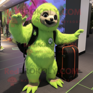 Lime Green Sloth mascot costume character dressed with a Playsuit and Backpacks