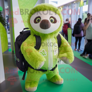 Lime Green Sloth mascot costume character dressed with a Playsuit and Backpacks