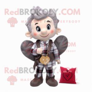 Gray Cupid mascot costume character dressed with a Flannel Shirt and Coin purses