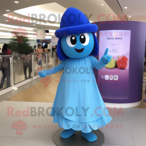 Sky Blue Plum mascot costume character dressed with a Pencil Skirt and Caps