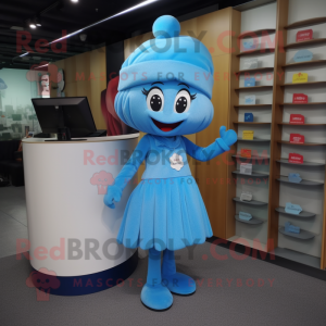 Sky Blue Plum mascot costume character dressed with a Pencil Skirt and Caps